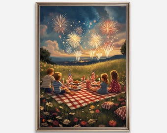 4 juli muurkunst, vintage familie schilderij, Amerikaanse vlag print, print patriottische onafhankelijkheidsdag, 4 juli decor, afdrukbare kunst 351