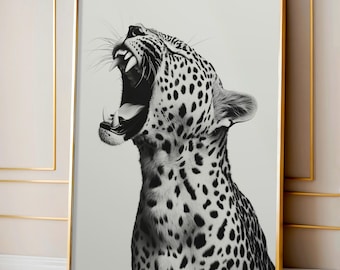 Leopard Wall Art, Roaring Leopard Poster, Black and White Art, Luxury Fashion Poster, Minimalist Wall Art, Modern Decor, Aesthetic Wall Art