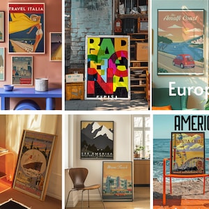 May include: A collage of vintage travel posters featuring destinations in Europe and America. The posters are framed and displayed on a wall. The posters feature images of iconic landmarks, cities, and landscapes. The posters are in a variety of colors and styles.