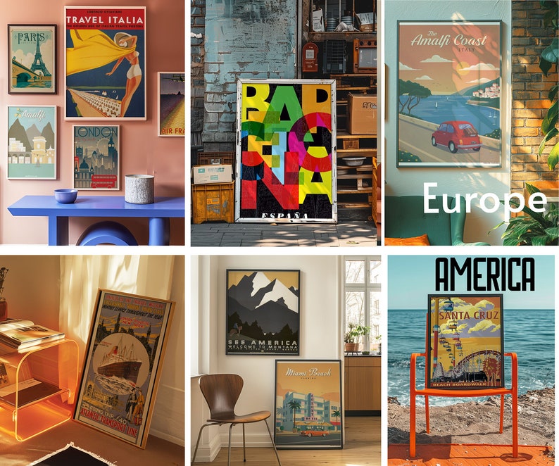 May include: A collage of vintage travel posters featuring destinations in Europe and America. The posters are framed and displayed on a wall. The posters feature images of iconic landmarks, cities, and landscapes. The posters are in a variety of colors and styles.