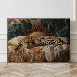眠るヒョウのウォールアート、ヴィンテージヒョウ柄、マキシマリストウォールアート、油絵、美的ウォールアート、寮の装飾、印刷可能なアート、315