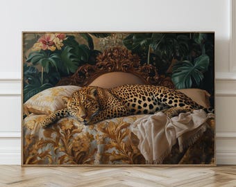 Sleeping Leopard Wall Art, Vintage Leopard Print, Maximalist Wall Art, Oil Painting, Aesthetic Wall Art, Dorm Decor, Printable Art, 315