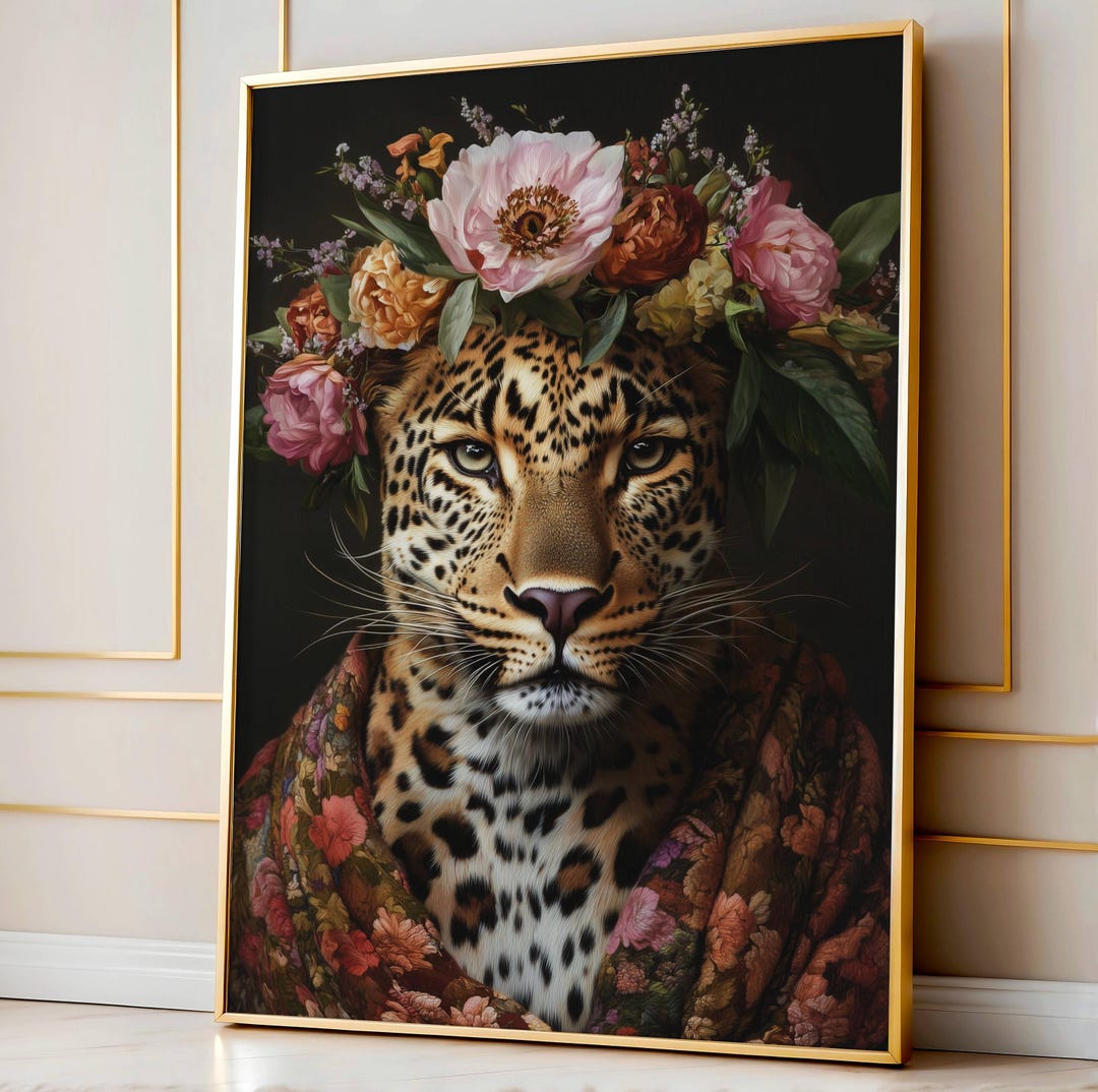 Floral Leopard Wall Art Print | Boho Animal Portrait | Leopard With ...