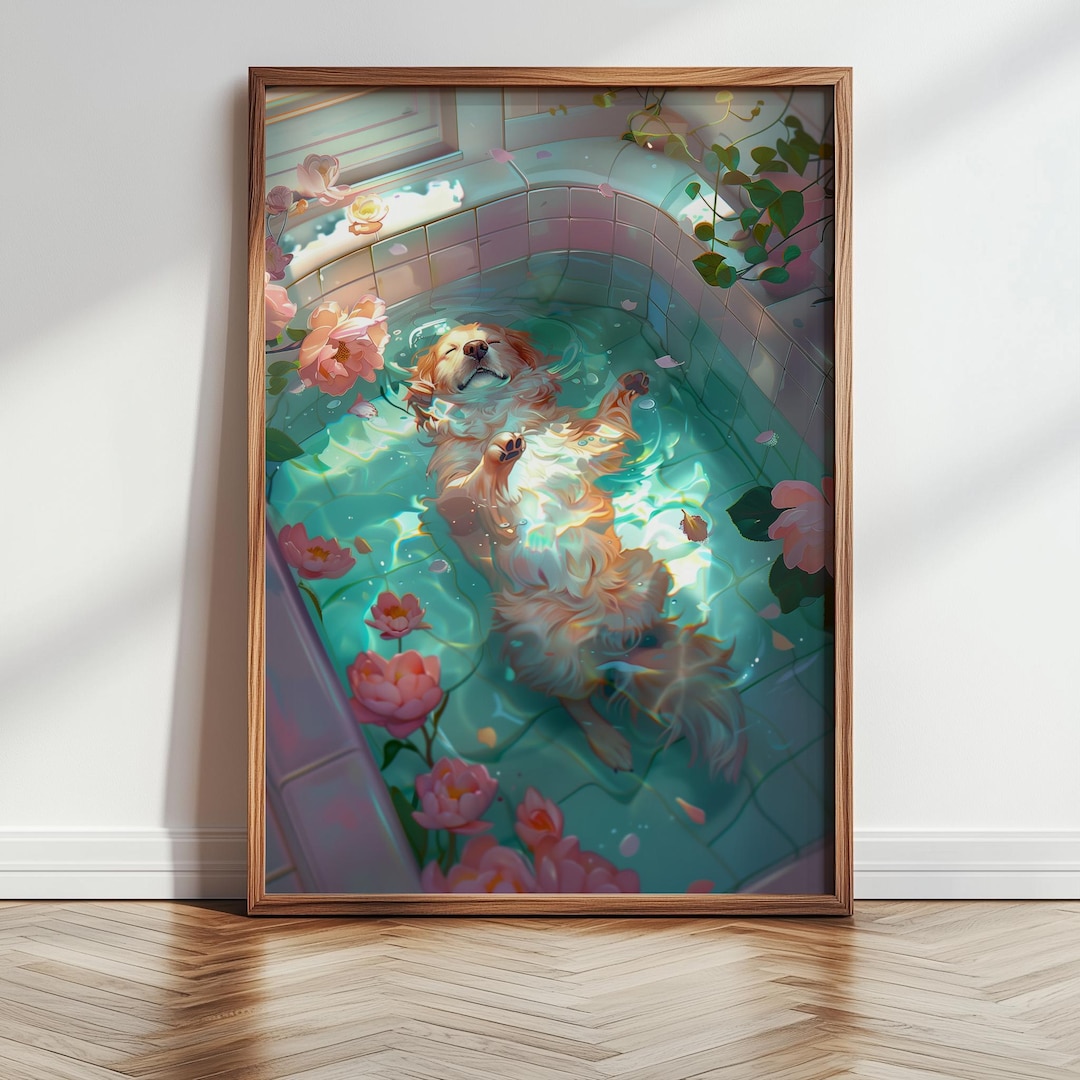 Golden Retriever Bath Art Print, Whimsical Bathroom Wall Art ...