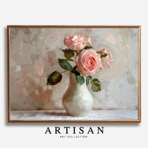 Rustic Floral Art, Vintage Pink Rose Painting, Antique Floral Vase Print, Neutral Wall Art, Botanical Art, Cottagecore Decor, Printable Art