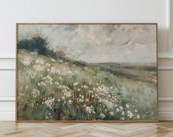 Muted Spring Landscape Print, Rustic Flowers Art, Meadow Print, Vintage Wildflowers Painting, Vintage Spring Decor, Countryside Print, 31