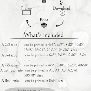 May include: A diagram explaining how to purchase, download, and print digital art prints. The diagram shows a shopping cart, a download arrow, and a printer. The text "What's included" is listed with different aspect ratios and the corresponding sizes available for printing. The text "Require a custom size? I will send across the requested size for free!" is also included.