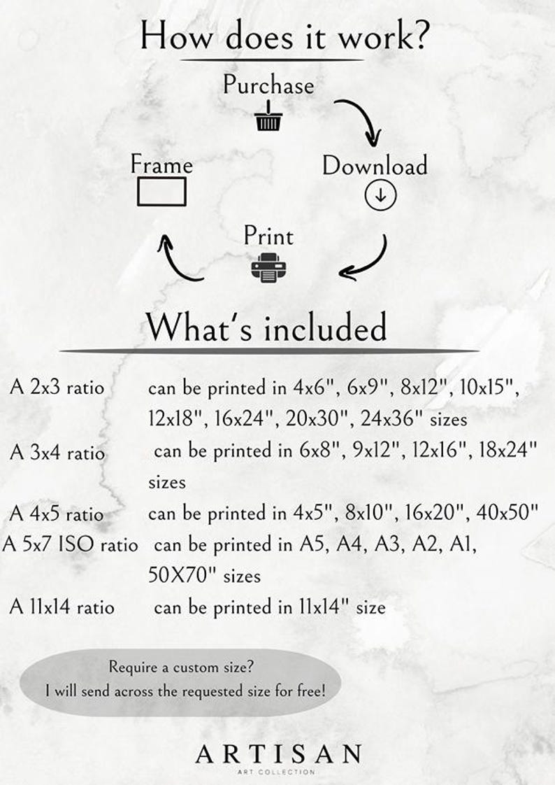 May include: A diagram explaining how to purchase, download, and print digital art prints. The diagram shows a shopping cart, a download arrow, and a printer. The text "What's included" is listed with different aspect ratios and the corresponding sizes available for printing. The text "Require a custom size? I will send across the requested size for free!" is also included.