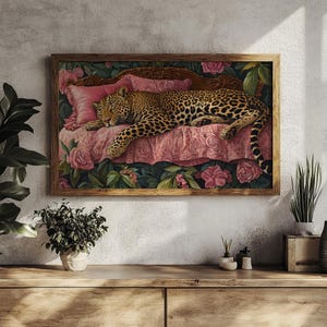 May include: A painting depicting a leopard sleeping on a pink and green floral patterned bed. The leopard is brown with black spots and is lying on its side with its head resting on its paws. The bed is surrounded by lush green foliage and pink flowers.