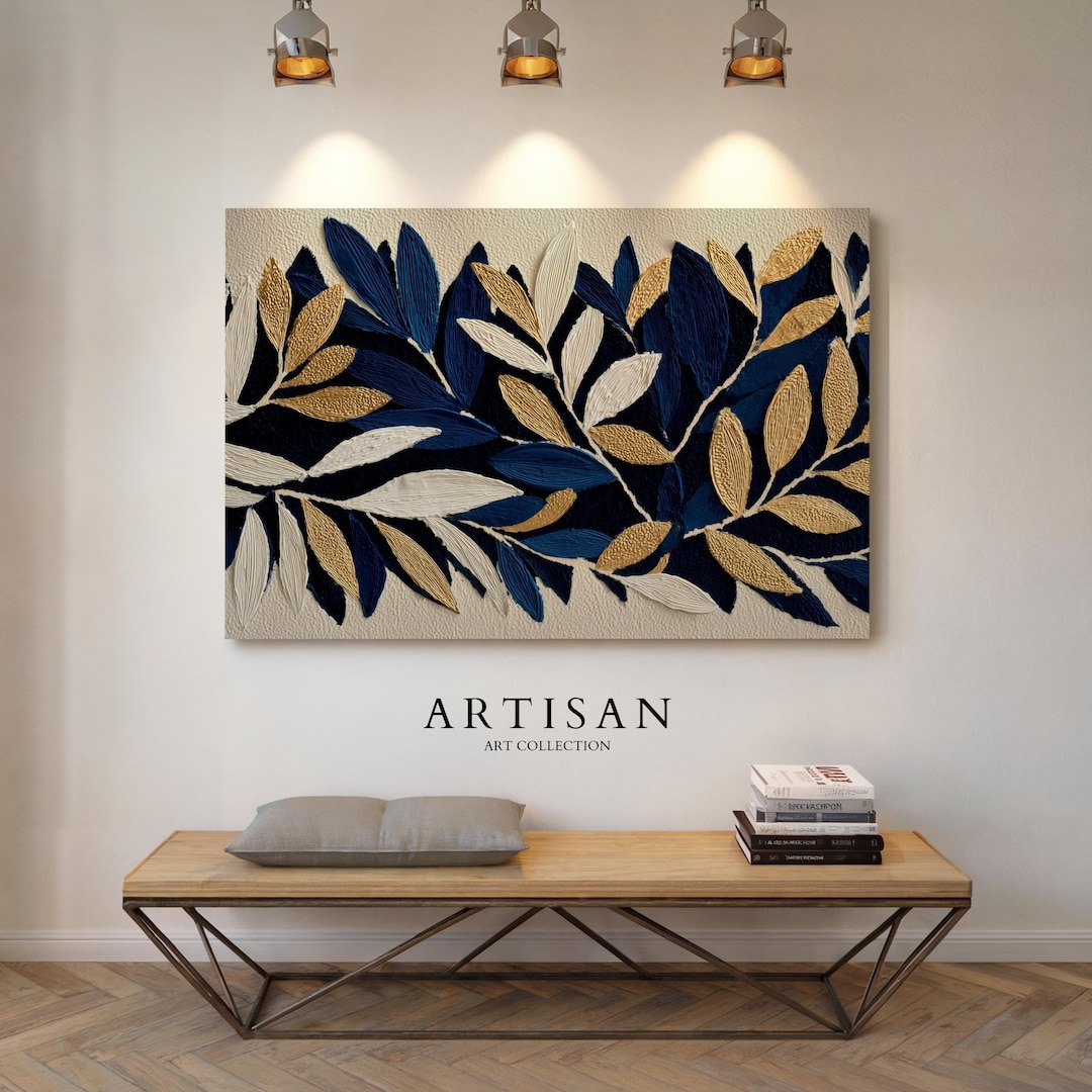 Large Navy Blue & Gold Leaf Wall Art | Textured Botanical Canvas Print ...