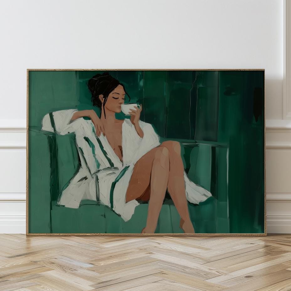 Stripped Woman Coffee Art, Sage Green Wall Art, Textured Abstract Painting, Woman Art, Minimalist Living Room Decor, Printable Art, 326
