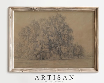 Impression de croquis de forêt de mauvaise humeur, art mural forêt vintage, art du paysage rustique, croquis d'arbre, décoration de ferme Cottagecore, téléchargement numérique, AAC26