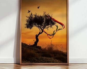 Palestina muurkunst, olijfboom zonsondergang muurkunst, Palestijnse vlag linten en vogels, olijfboom print, Sumud landschapsschilderkunst, digitale kunst
