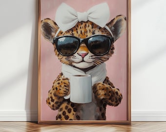 Funny Leopard Coffee Poster: Coquette Pink Wall Art (Digital Download)
