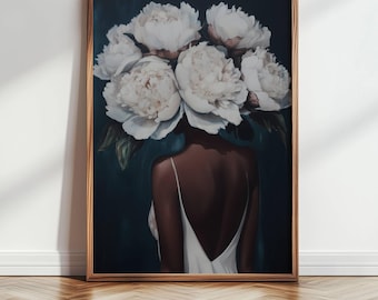 Black Woman Wall Art Print, Floral Portrait Painting, Black Woman Art, Modern Afrocentric Decor, Dark Green Printable Poster, 72