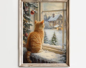Vintage Cat Christmas Painting, Christmas Wall Art, Christmas Animal Poster, Snowy Winter Landscape, Christmas Home Decor Printable Art, 170
