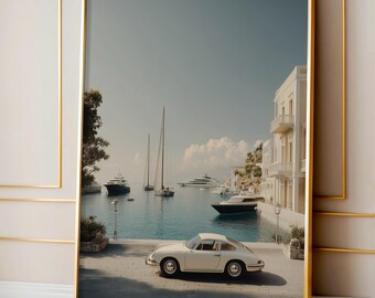 Porsche Poster, Vintage Sports Car Print, Coastal Harbor Wall Art, Luxury Yacht Marina Decor, Neutral Retro Car Photography