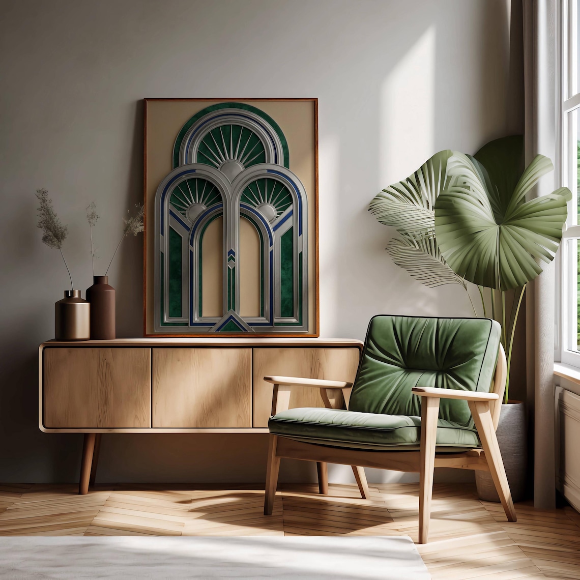 Neo Deco Chrome Wall Art, 2026 Art Deco Revival, Silver and Emerald ...