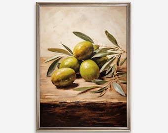 Rustykalny obraz olejny z gałązką oliwną, martwa natura, sztuka kuchenna w stylu vintage, malarstwo botaniczne, sztuka ścienna z gałązką oliwną, sztuka śródziemnomorska w stylu vintage, 60