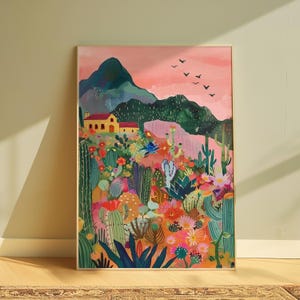 Bunte mexikanische Wüste Print, Mexiko Wandkunst, Landschaftsdruck, Retro Kaktus Poster, Illustration Poster, Maximalist Dekor druckbare Kunst 93