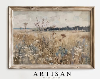 野生の花畑のヴィンテージ風景画、田舎の草原アート（デジタル