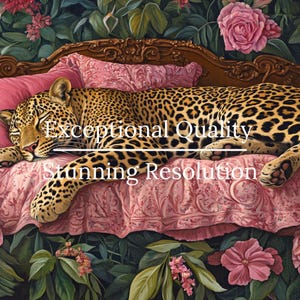 May include: A leopard with a spotted coat is lying on a pink and white patterned bed with a pink pillow. The bed is ornate and has a carved wooden frame. The leopard is sleeping with its head resting on the pillow. The background is a lush green jungle with pink flowers.