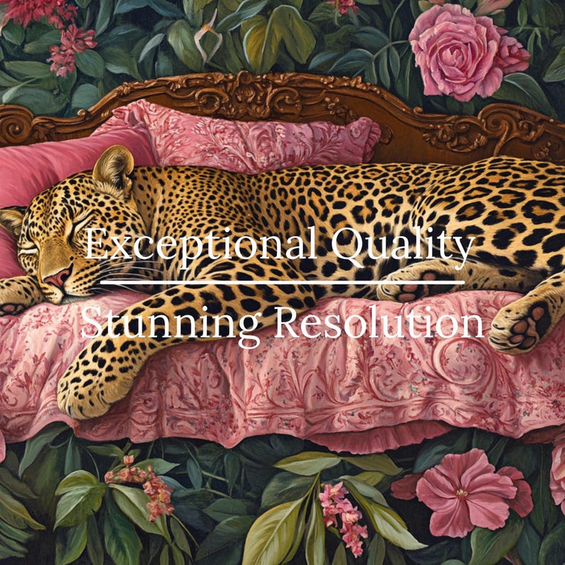 May include: A leopard with a spotted coat is lying on a pink and white patterned bed with a pink pillow. The bed is ornate and has a carved wooden frame. The leopard is sleeping with its head resting on the pillow. The background is a lush green jungle with pink flowers.