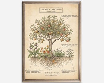 Peut inclure: Une affiche botanique encadrée intitulée "The Apple Tree Guild" représentant une illustration d'un pommier avec des racines, des fleurs et du texte détaillant ses éléments et fonctions. L'affiche a une esthétique vintage avec un cadre doré.