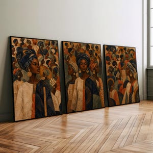 May include: Three framed art prints showcasing portraits of women in head wraps and traditional attire. The artwork has a vintage, textured look with warm brown, beige, and blue tones. The subjects are shown in a crowd, with detailed facial features.