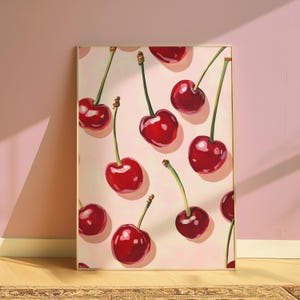 Red Cherry Wall Art, Trendy Kitchen Print, Retro Kitchen Poster, Red Print, Girly Wall Art, Apartment Decor, Preppy Wall Art Digital Art 225