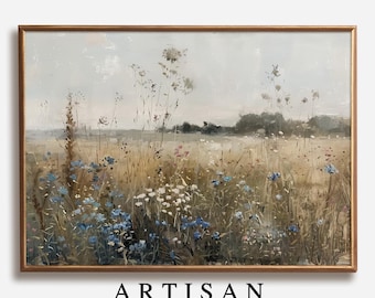 Pintura al óleo de paisaje de campo de flores silvestres, lámina vintage de paisaje primaveral, arte mural de flores silvestres azules, arte botánico, decoración de verano y primavera, 39
