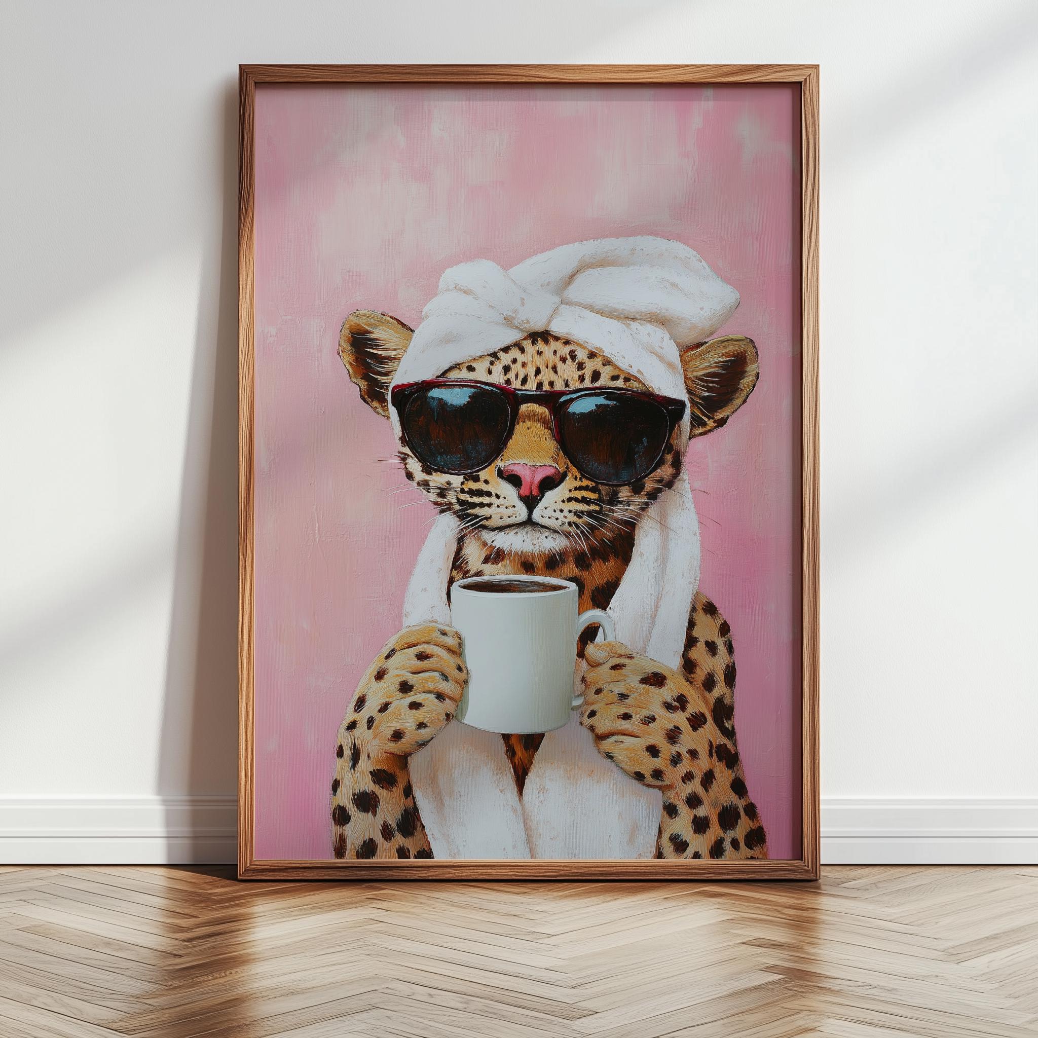 Leopard Wall Art, Leopard Print, Coffee Art, Oil Painting, Cat Art, Funny Bathroom Art, Maximalist Wall Art, Bathroom Decor, Digital Art 173
