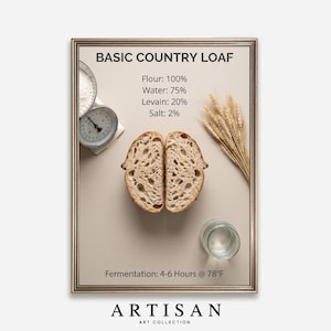 May include: A framed print titled "BASIC COUNTRY LOAF" with baking instructions. The image shows a sliced loaf of bread, ingredients, and fermentation details. The text includes flour, water, levain, and salt percentages, with a fermentation time of 4-6 hours at 78°F.