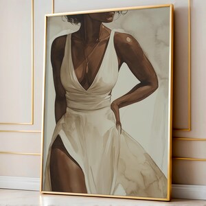 May include: A painting of a person wearing a white dress with a deep V-neckline. The person has dark skin and is standing with one hand on their hip.