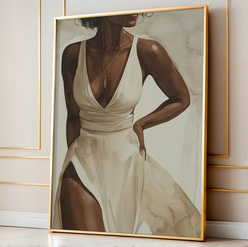May include: A painting of a person wearing a white dress with a deep V-neckline. The person has dark skin and is standing with one hand on their hip.