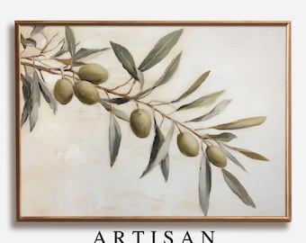 May include: A painting of a branch of olive tree with green leaves and olives. The background is a light beige color.