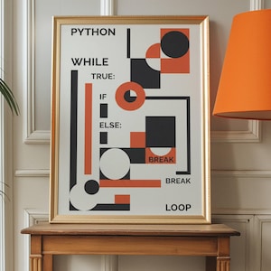 Puede incluir: Un p&oacute;ster enmarcado con un borde dorado que presenta un dise&ntilde;o geom&eacute;trico en negro, blanco y naranja. El p&oacute;ster incluye la palabra "PYTHON" y t&eacute;rminos relacionados con el c&oacute;digo como "WHILE", "TRUE", "IF", "ELSE", "BREAK" y "LOOP".