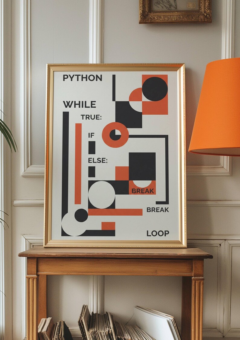Puede incluir: Un p&oacute;ster enmarcado con un borde dorado que presenta un dise&ntilde;o geom&eacute;trico en negro, blanco y naranja. El p&oacute;ster incluye la palabra "PYTHON" y t&eacute;rminos relacionados con el c&oacute;digo como "WHILE", "TRUE", "IF", "ELSE", "BREAK" y "LOOP".