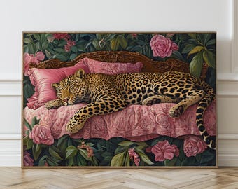 Sleeping Leopard Wall Art, Vintage Leopard Poster, Maximalist Wall Art, Oil Painting, Aesthetic Wall Art, Dorm Decor, Printable Art, 291