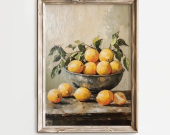 Vintage Lemon Still Life Print, Fruit Still Life Art, Lemon Fruit Painting, Vintage Moody Art, Kitchen Farmhouse Wall Art Print, C132