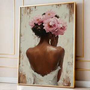 Black Woman Floral Art Print, Pink Peony Crown Poster, Textured Oil Painting, Black Wall Art, Neutral Wall Art, Modern Feminine Decor