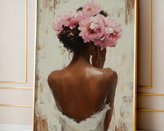 Black Woman Floral Art Print, Pink Peony Crown Poster, Textured Oil Painting, Black Wall Art, Neutral Wall Art, Modern Feminine Decor