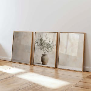 May include: Three framed prints with a muted beige background. The centre print features a watercolour painting of a green olive branch in a terracotta pot.