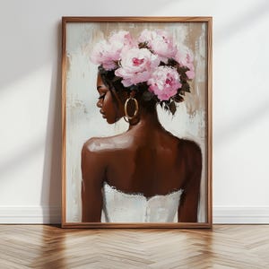 Black Woman Wall Art Print | Floral Portrait Poster | Pink Peony Crown Painting | Feminine Neutral Decor | Modern Afrocentric Home Art image 5