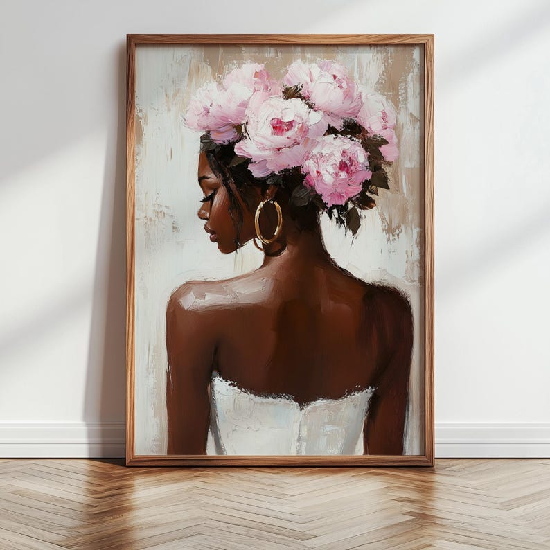 Black Woman Wall Art Print | Floral Portrait Poster | Pink Peony Crown Painting | Feminine Neutral Decor | Modern Afrocentric Home Art image 5