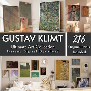 May include: A collection of 216 original prints of Gustav Klimt paintings. The prints are framed and displayed on a wall in a bedroom setting. The text "Gustav Klimt Ultimate Art Collection Instant Digital Download" is displayed on a black background. The text "216 Original Prints Included" is displayed on a white background.