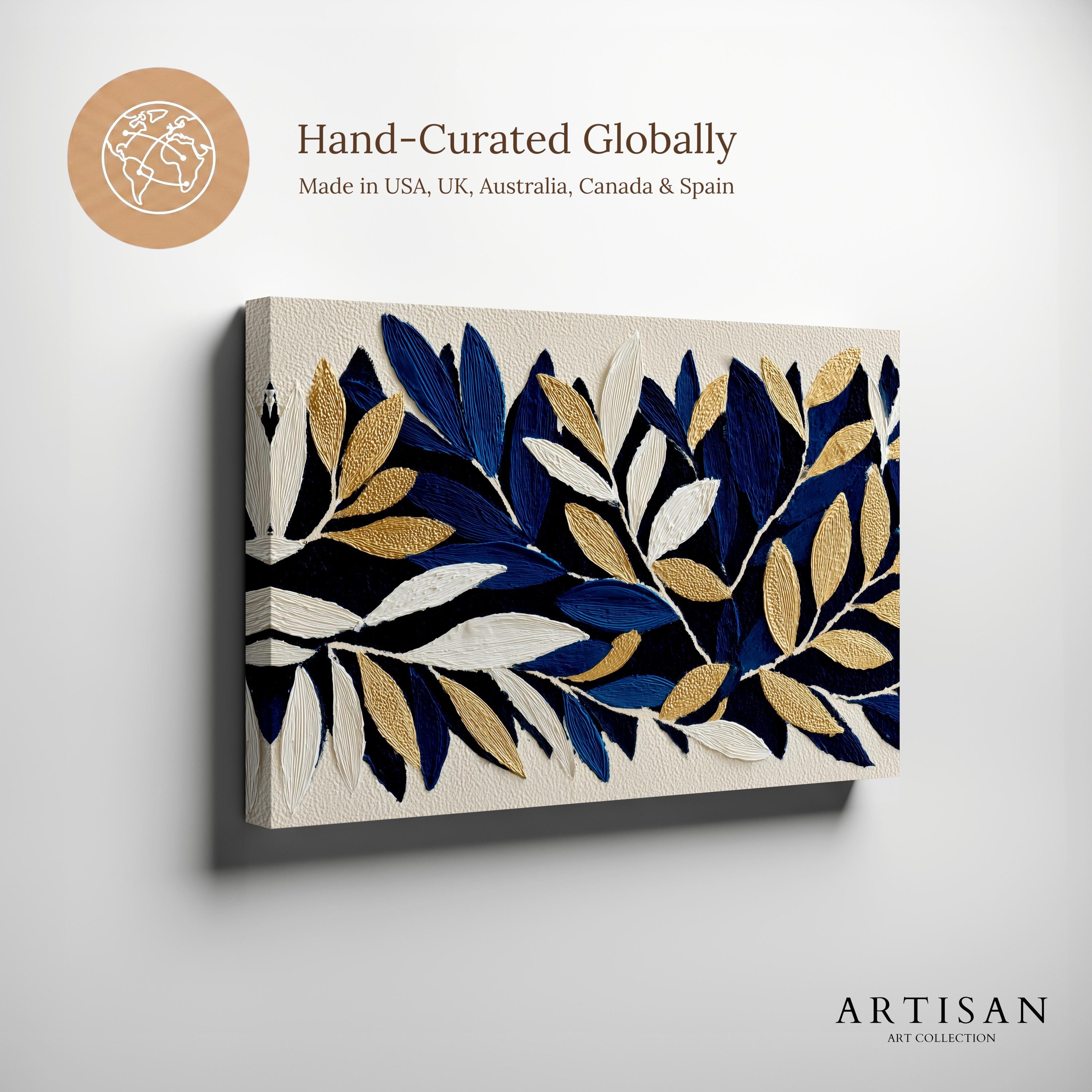 Large Navy Blue & Gold Leaf Wall Art | Textured Botanical Canvas Print ...