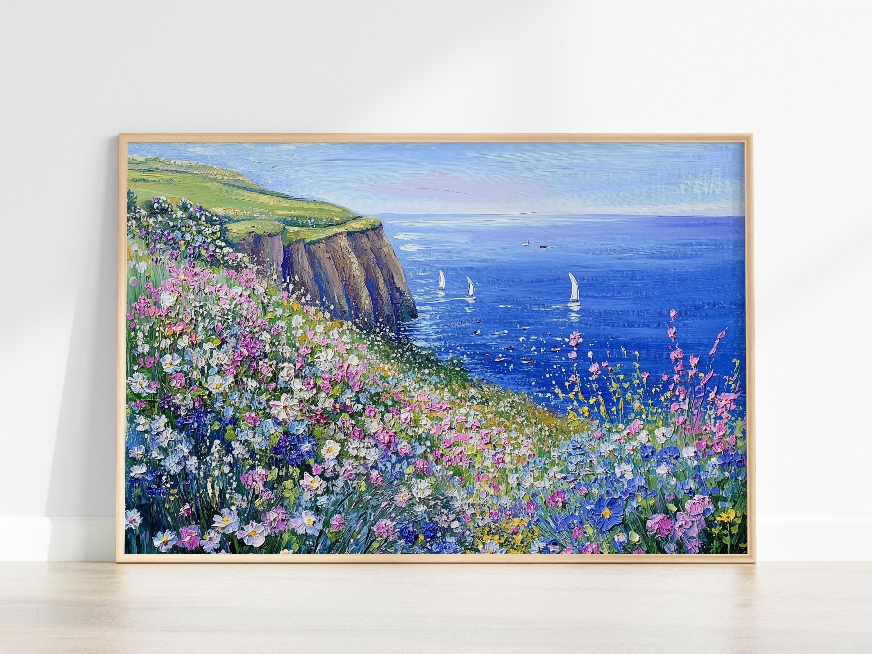 Colorful Coastal Wall Art | Wildflower Meadow Digital Print | Faux