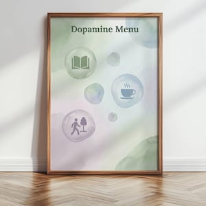 Op de afbeelding: Een ingelijste print met de tekst "Dopamine Menu" en illustraties van een boek, een koffiekopje en een persoon die loopt. De achtergrond heeft aquarel-achtige wassingen in groen, blauw en paars, met bel-achtige vormen.