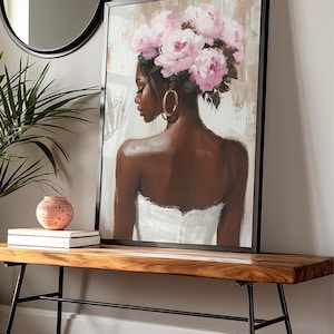 Black Woman Wall Art Print | Floral Portrait Poster | Pink Peony Crown Painting | Feminine Neutral Decor | Modern Afrocentric Home Art image 2